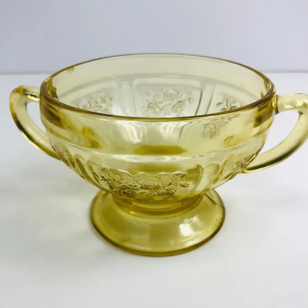 Amber Federal Glass Depression Glass Sharon Cabbage Rose Open Sugar Bowl READ